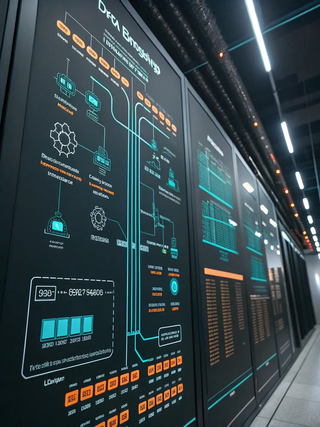 A visualization of a data pipeline, illustrating the flow of data from collection to analysis, used in the Data Engineering module.
