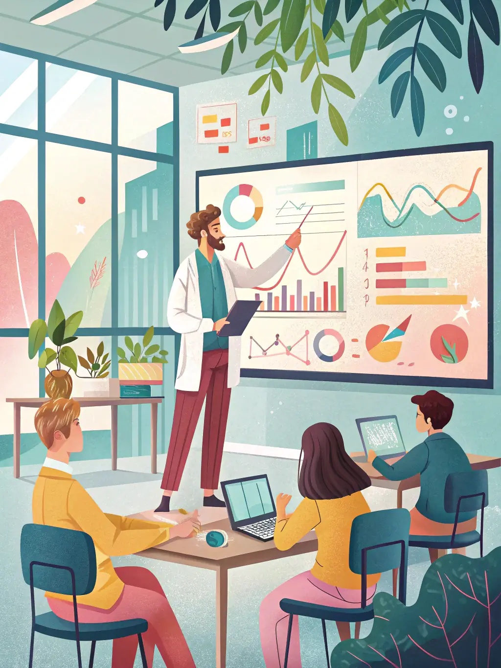 A data science instructor leading a hands-on workshop, guiding students through real-world data challenges and problem-solving.