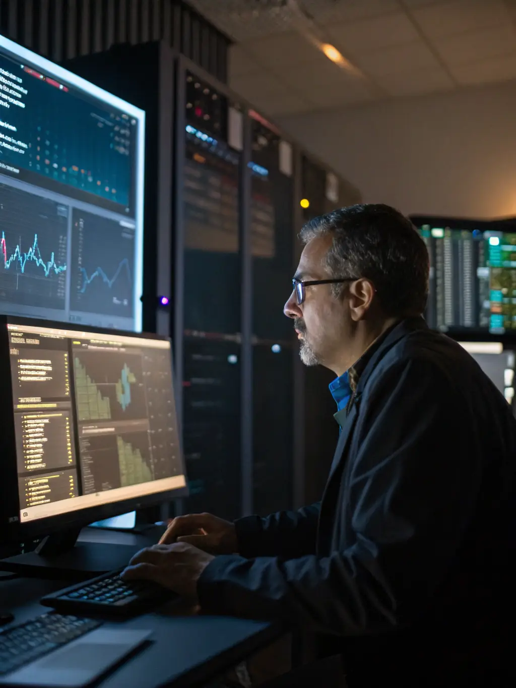 A professional data scientist working on a complex machine learning model, showcasing the practical application of the Advanced Data Science course.