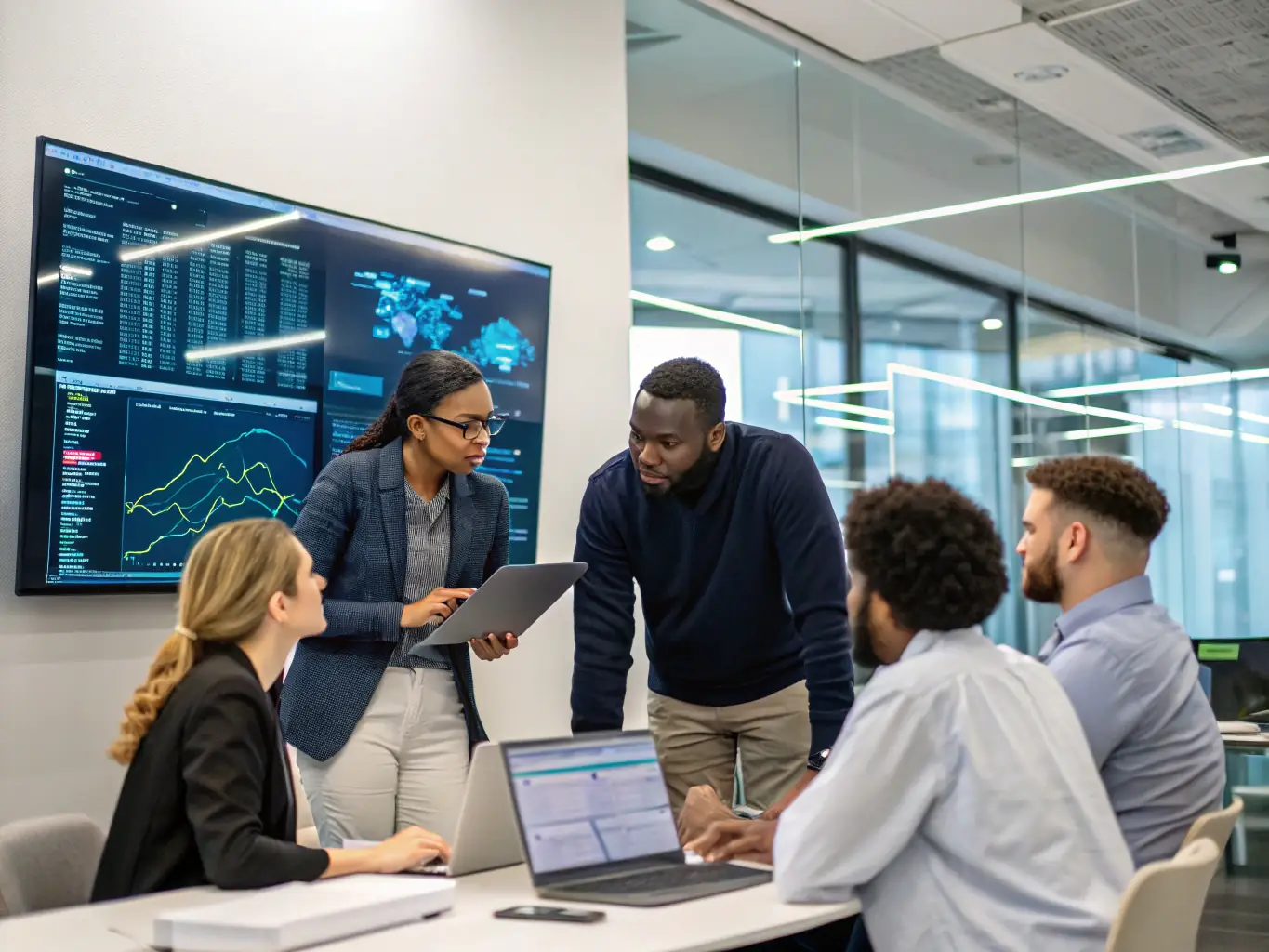 A diverse group of data professionals collaborating in a modern office setting in London, UK.