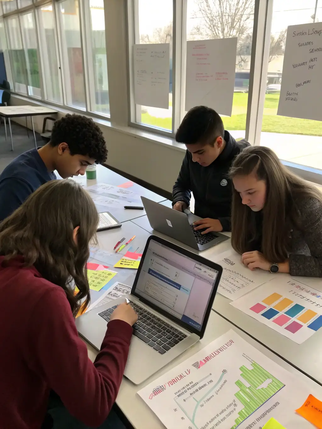A group of students collaborating on a data analysis project, illustrating the collaborative learning environment of the Data Analysis Bootcamp.