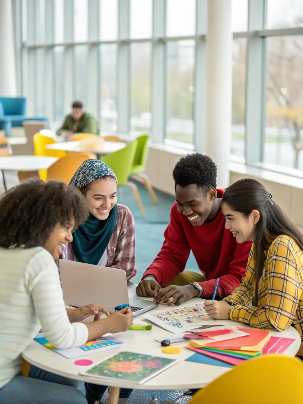 A diverse group of students collaborating on a data analysis project in a modern classroom setting, emphasizing teamwork and practical application.